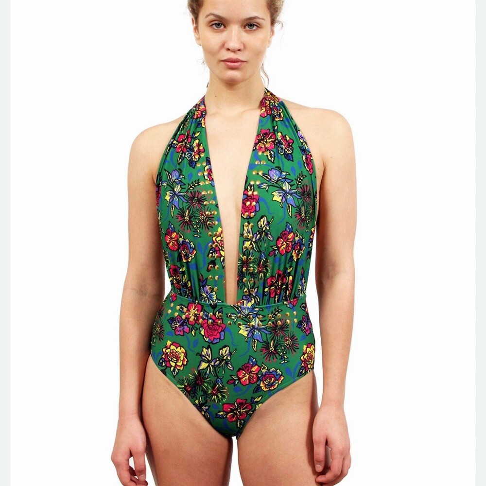 YMI One Piece Swimsuit Womens 2XL Plus Green Floral Halter Plunge Studded